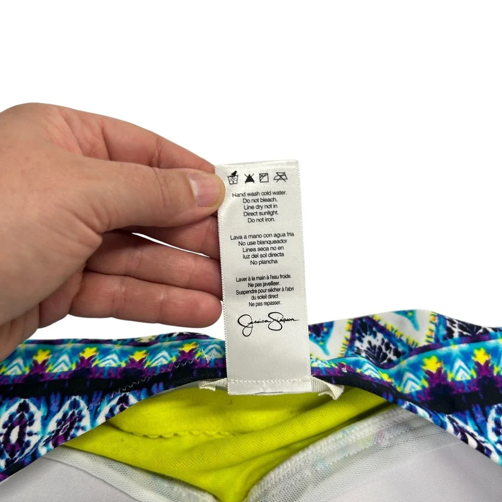 Jessica Simpson Tankini Swimsuit Set L Blue Tribal‎ Print Bandeau Boho Resort